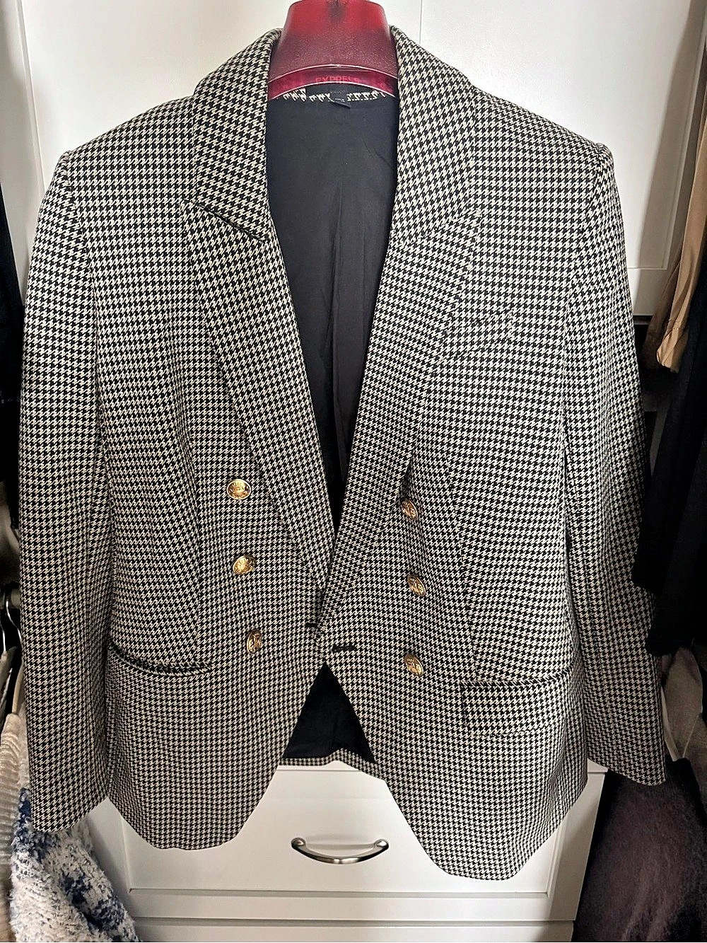 Express Houndstooth Double Breasted Long Slim Blazer Brown & Black Medium